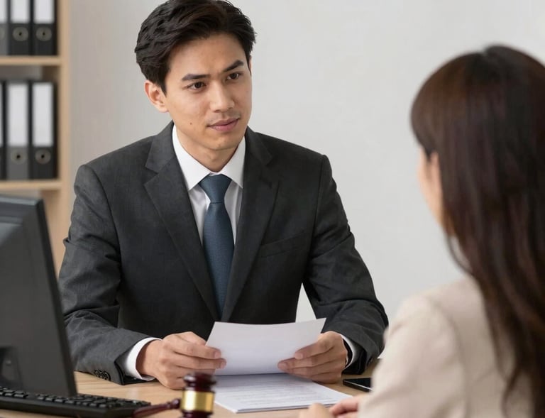 A friendly professional assisting a client with paperwork in a cozy office setting.
