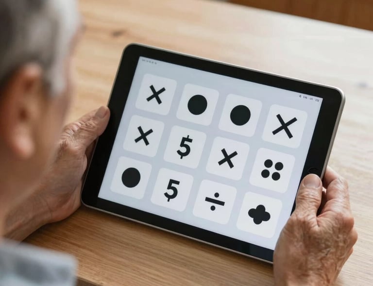 An elderly man laughing while playing a brain game on a tablet, seated comfortably in a sunlit room.