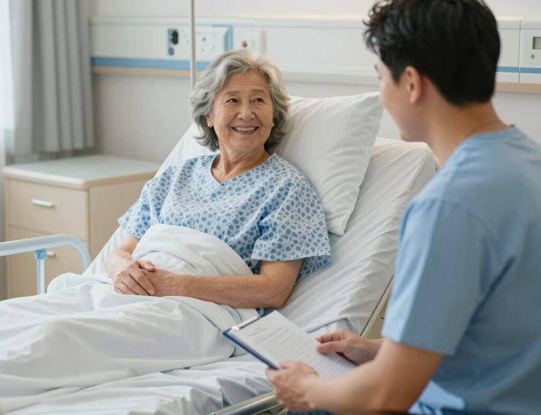 A smiling elderly woman receiving a relaxing mobile massage therapy session in her living room with warm natural light.