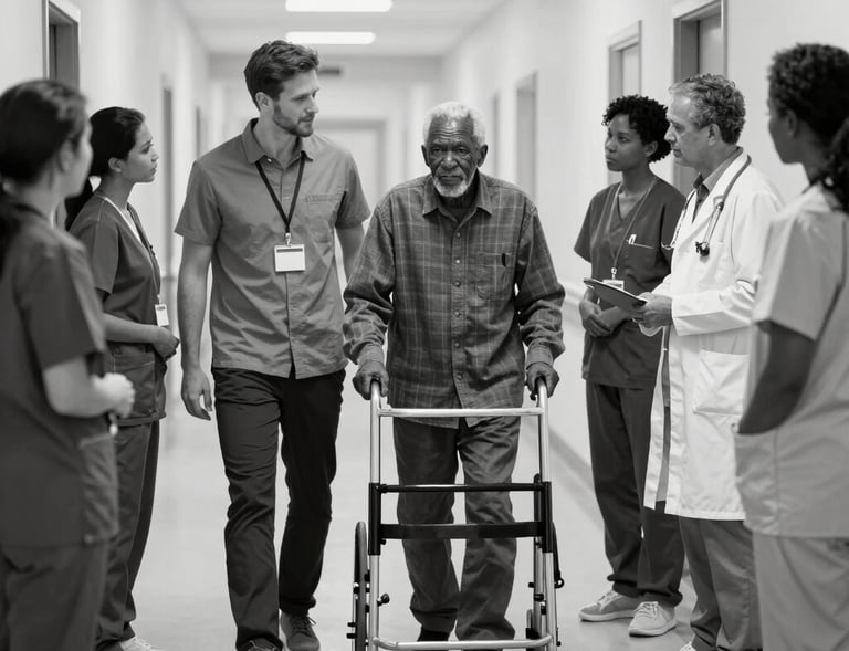 A registered social worker walking outdoors with an engaged senior client, both smiling under soft green trees.