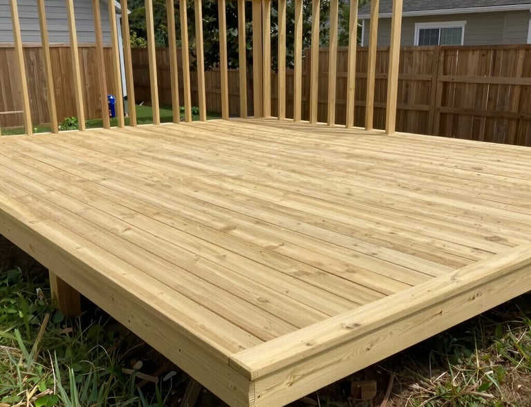 A spacious wooden deck overlooking a lush Georgia backyard, perfect for family gatherings.