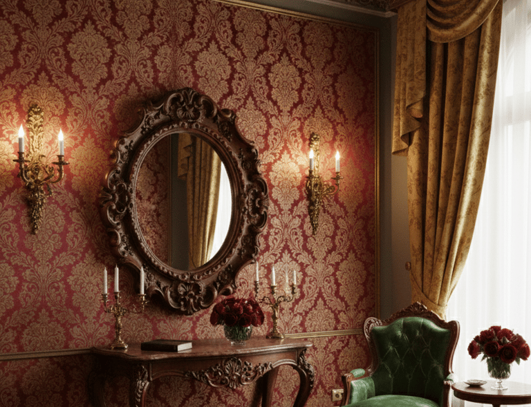 Espejo de pared ovalado ornamentado con un marco de madera tallada de estilo victoriano antiguo