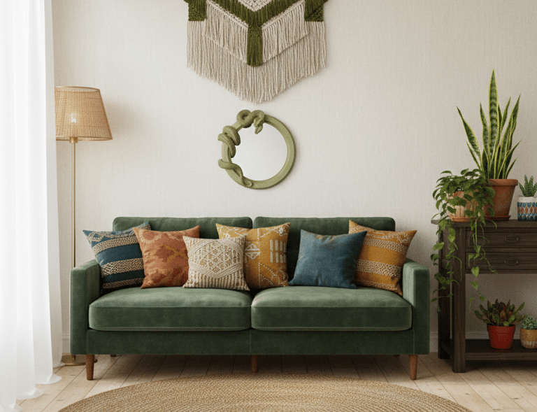 Espejo decorativo redondo de color verde salvia con una detallada escultura 3D de serpiente