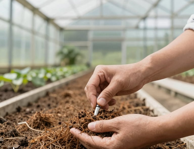 Workers carefully processing coconut husks into fine cocopeat material