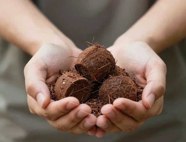 Stacks of compressed cocopeat blocks neatly arranged in warehouse