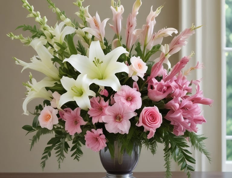 Elegant orchids paired with soft pink carnations in a delicate vase.