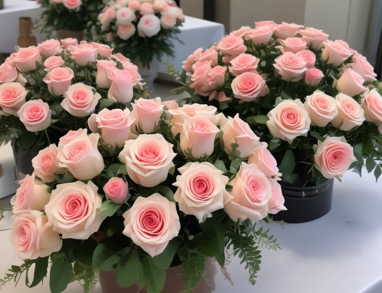 A vibrant bouquet of red roses and white lilies arranged in a rustic basket.