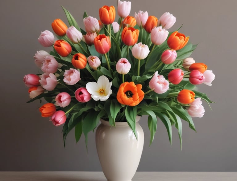 A festive bouquet featuring bright claveles and tulipanes with a touch of greenery.