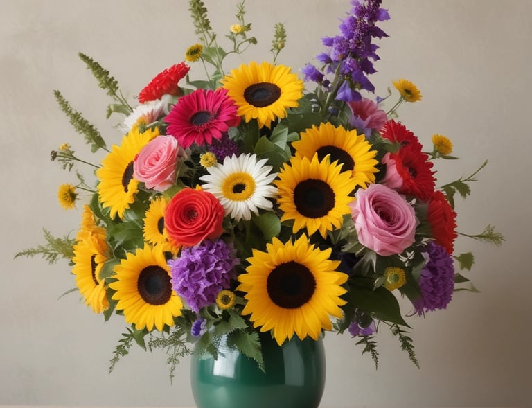 Bright sunflowers and orange tulips combined in a cheerful floral arrangement.