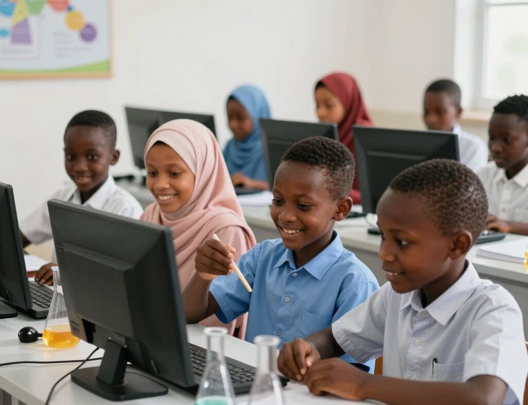 Nigerian Muslim children attentively listening to a teacher in a bright classroom at Al-Mi’raj Excellence Academy.