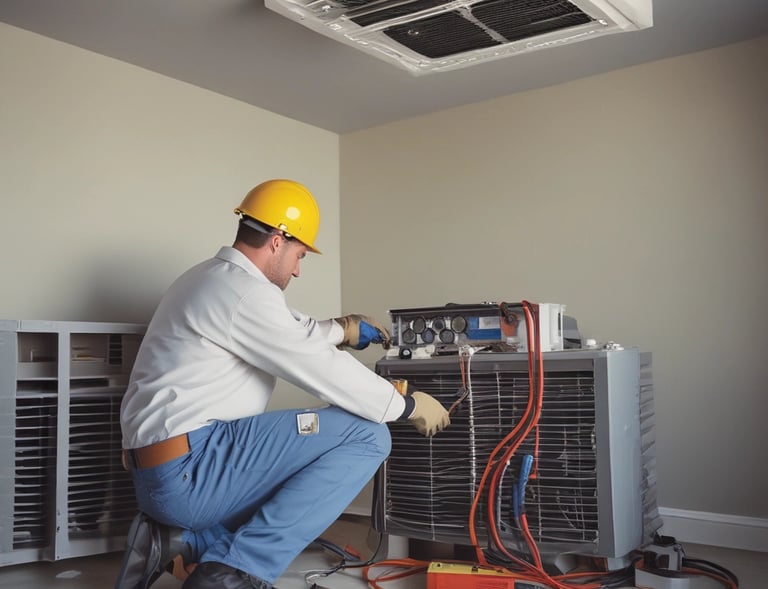 An electrician installing wiring inside a commercial building, focused and precise.
