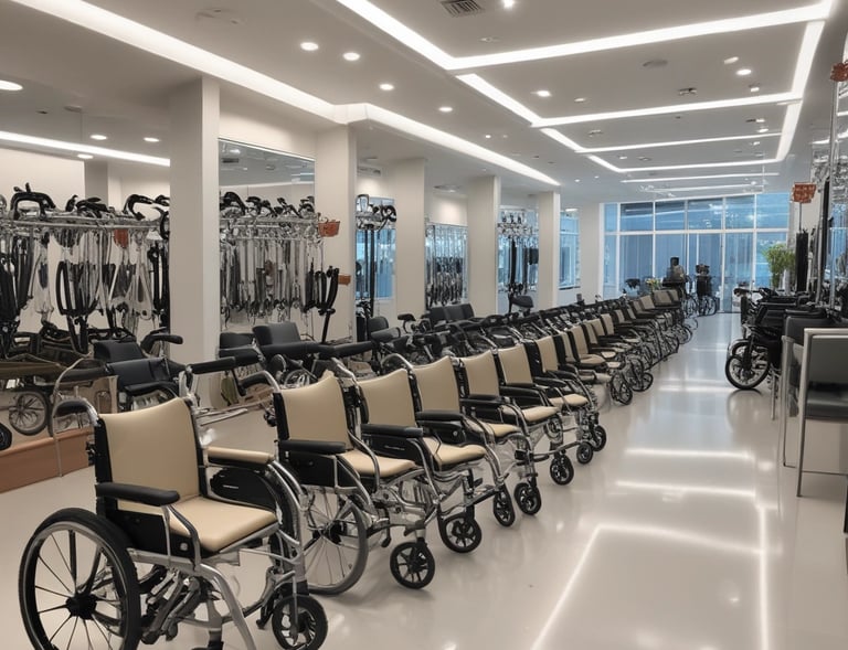 A variety of mobility aids including wheelchairs, scooters, and bathroom safety equipment displayed neatly in a welcoming showroom.