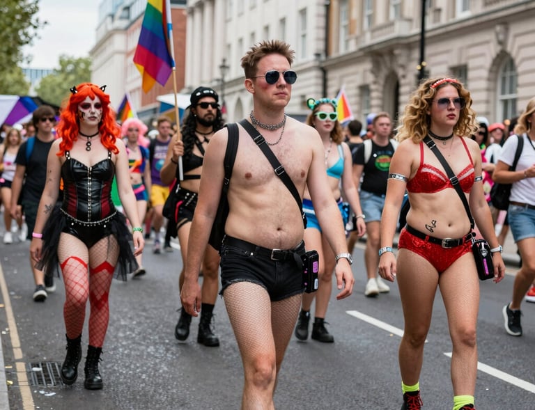Atmospheric shot of the London Fetish Weekend with vibrant costumes and immersive roleplay.