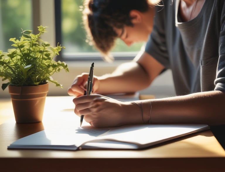A focused individual writing goals in a journal at a sunlit desk, embodying clarity and intention.