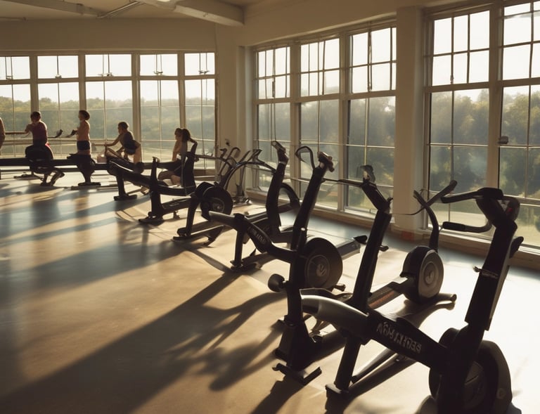 A modern home gym setup featuring resistance bands, kettlebells, and a wall-mounted mirror.