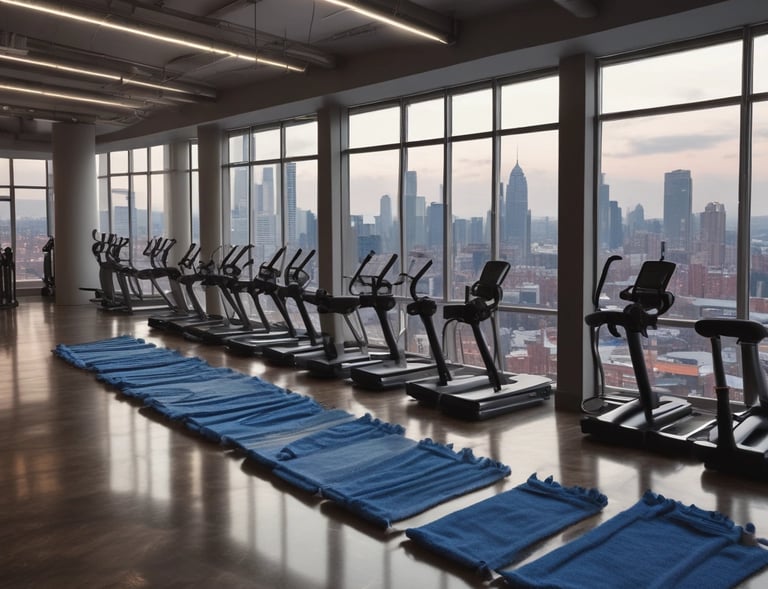 A set of adjustable dumbbells resting on a wooden floor next to a yoga mat and water bottle.
