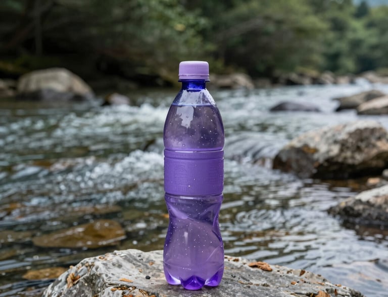 A sleek black and purple Power Grid can resting on a mossy rock beside a flowing stream, capturing nature’s energy.