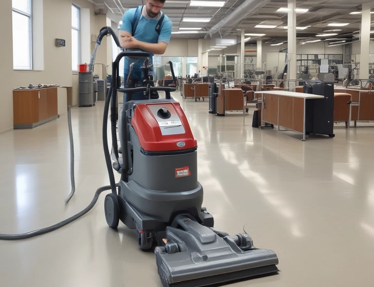 A professional cleaner carefully wiping a modern office desk with a microfiber cloth.