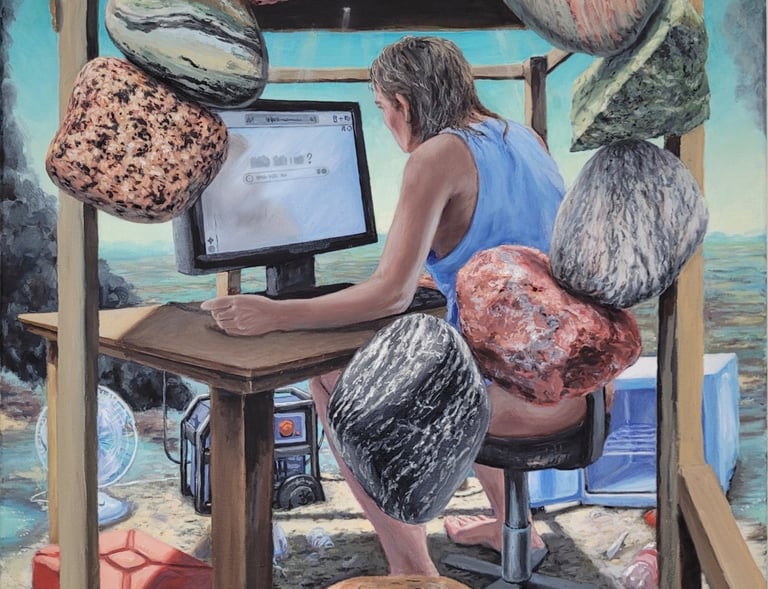 Surreal oil painting of a woman at a computer desk outdoors surrounded by floating rocks and debris.