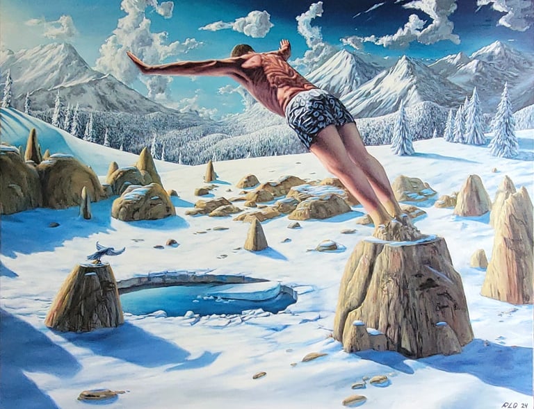 Surreal painting of a man diving into an icy winter pond amidst snowy mountains and frozen landscapes.