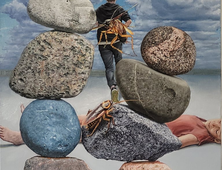 Surreal oil painting of a man walking through balanced stone towers with giant cockroaches under a cloudy sky.