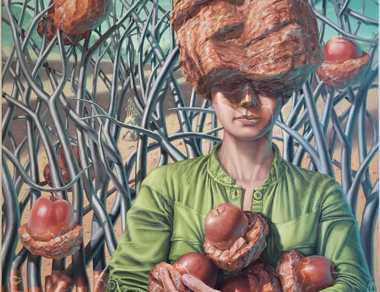 Surreal oil painting of a woman holding apples with a large rock on her head in a field of metallic branches.