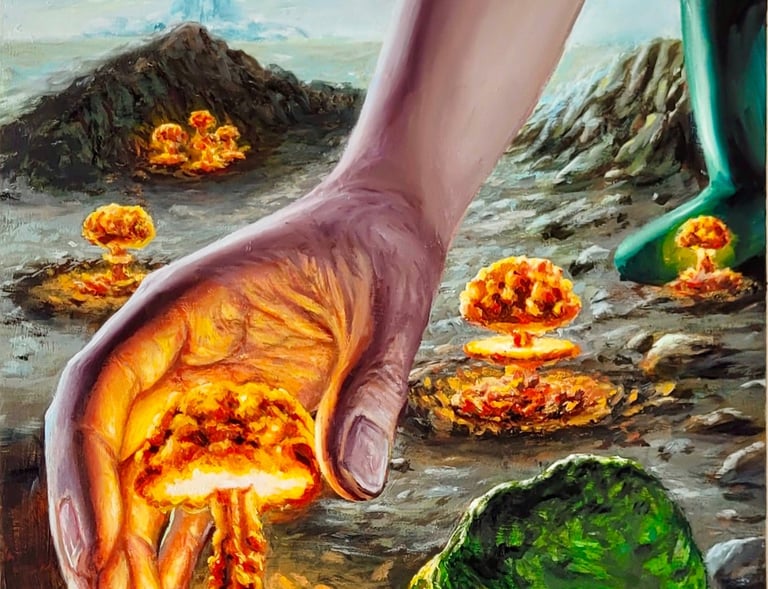Surreal oil painting of a giant hand picking miniature nuclear mushroom clouds from a barren landscape.