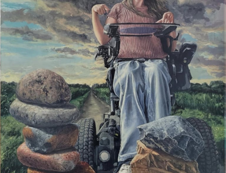 Oil painting of a woman in a motorized wheelchair on a road behind stacked rock cairns under a cloudy sky.