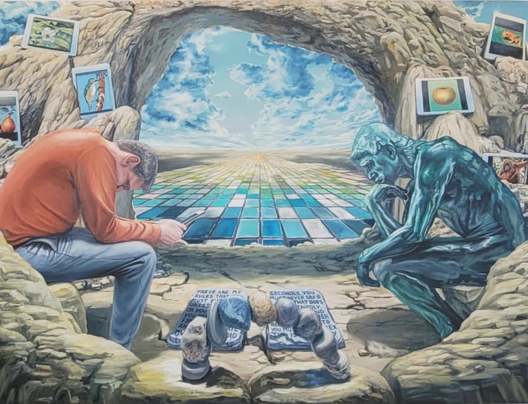 Surreal oil painting of a man and a stone statue sitting in a rocky cave overlooking a checkered horizon.