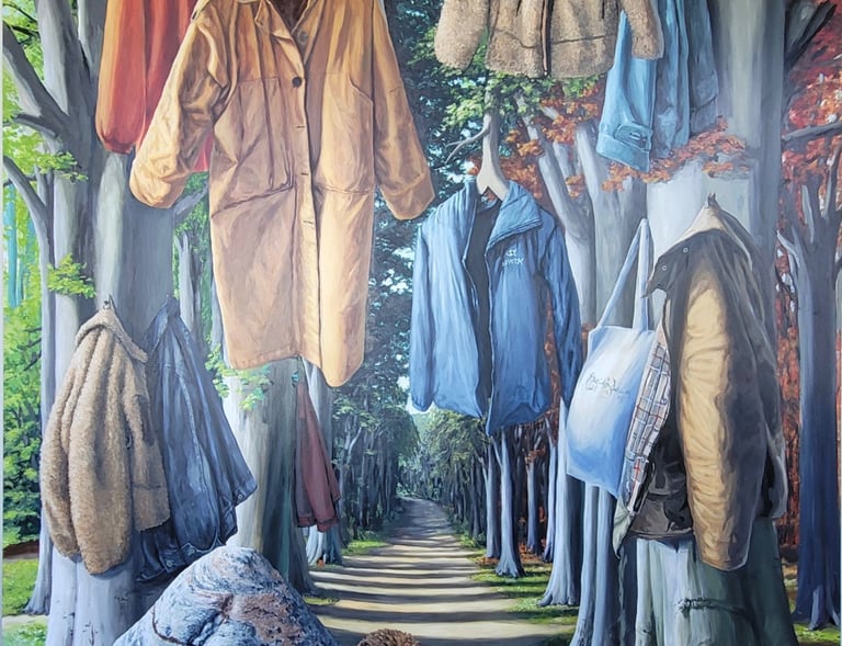Surreal painting of various winter coats hanging on trees along a forest path with a small dog.