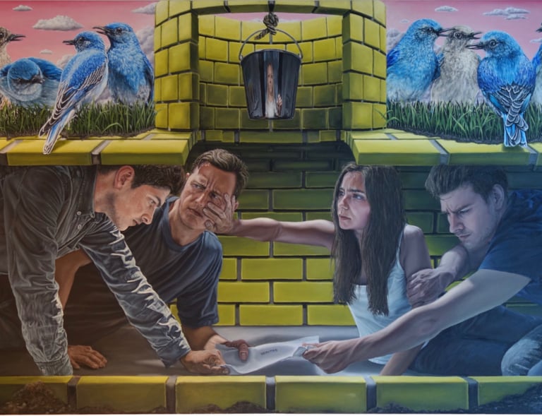 Surreal oil painting of people trapped underground in a yellow brick bunker under bluebirds.