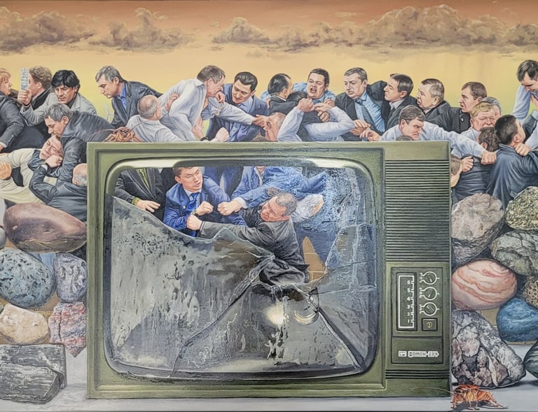 Surreal oil painting of politicians fighting behind a cracked vintage television and a stone wall.