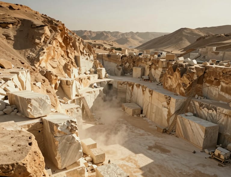 Workers inspecting quartzite slabs in a processing facility under bright lighting.