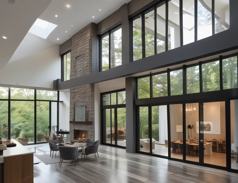 A close-up view of a large architectural structure featuring a complex, white lattice framework made of intersecting beams. The structure is set against a clear blue sky, with cables providing additional support. The design is both intricate and minimal, showcasing engineering precision.