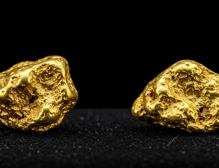 two gold nuggies with a black background