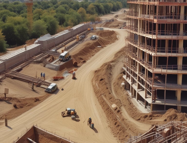 A construction site covered with blue scaffolding is visible. Several signs and banners advertising construction companies and services are attached to the scaffolding. There are details indicating restoration work being done, including contact information and project descriptions.