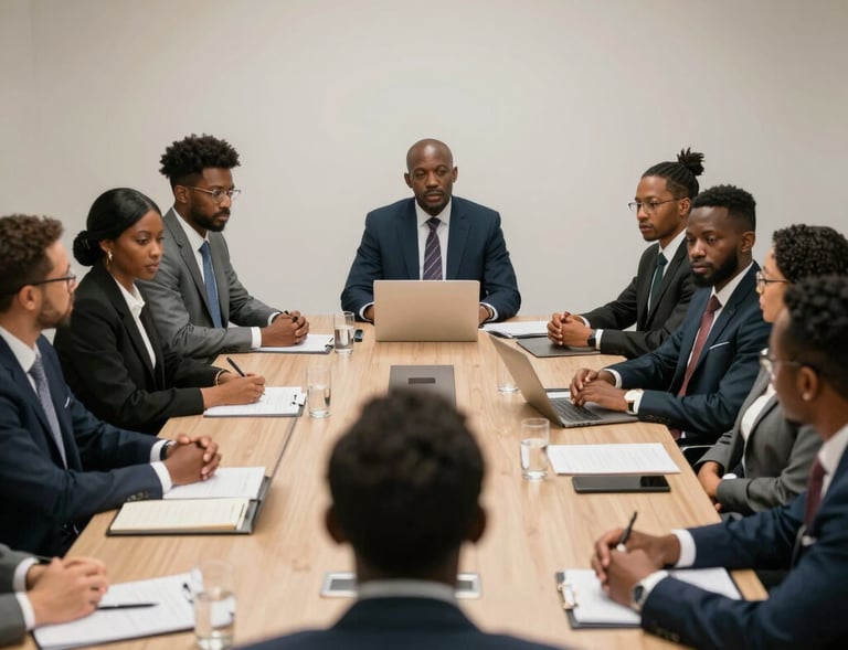 A sleek conference room with B.M.M Global Marketing Group Inc. team collaborating over campaign strategies.
