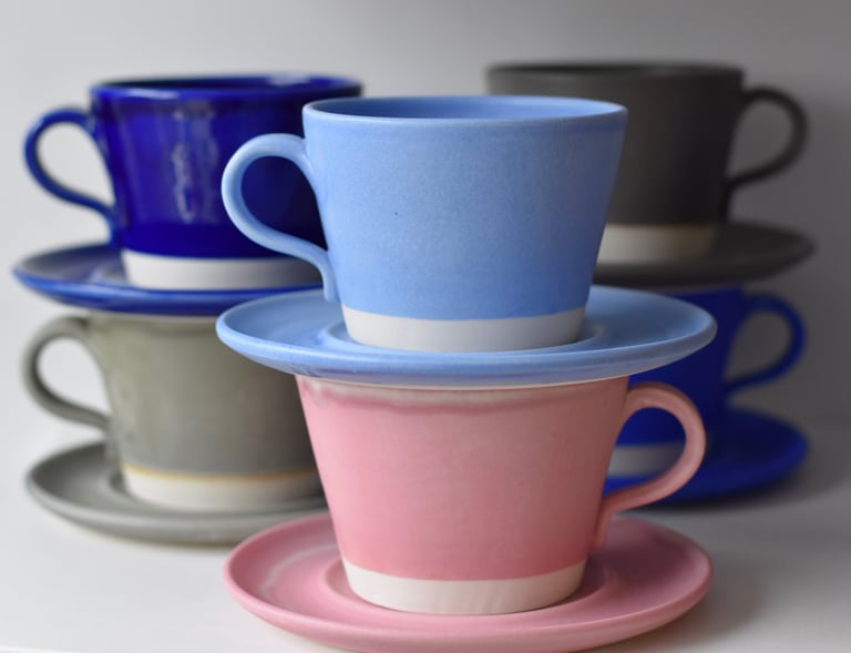 Tea Cups and Saucers in : Pale blue Matte, Pale Pink Matte, Midnight Blue, Khaki and Denim