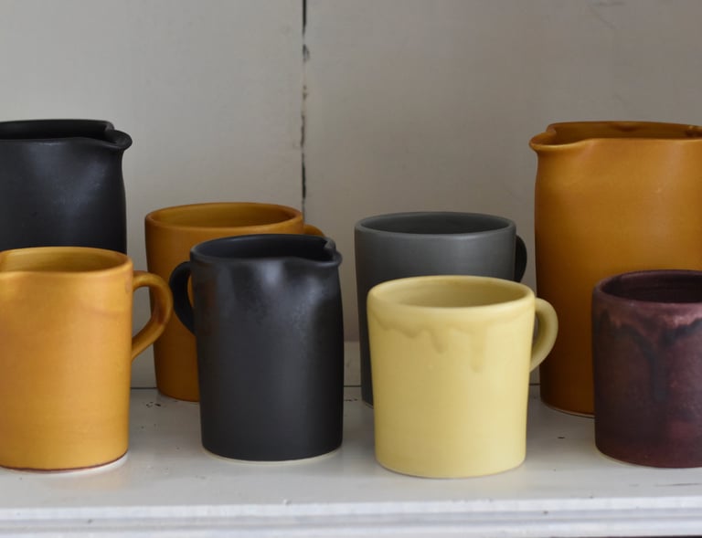Large and Small Jugs  Charcoal, Ochre ,Mug Grey Small Mugs Sand  Auberginee