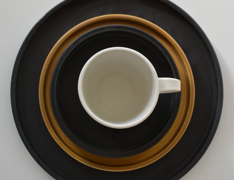 Dinner Plate Grey ,Side Plate Ochre Breakfast Bowl Charcoal Mug White