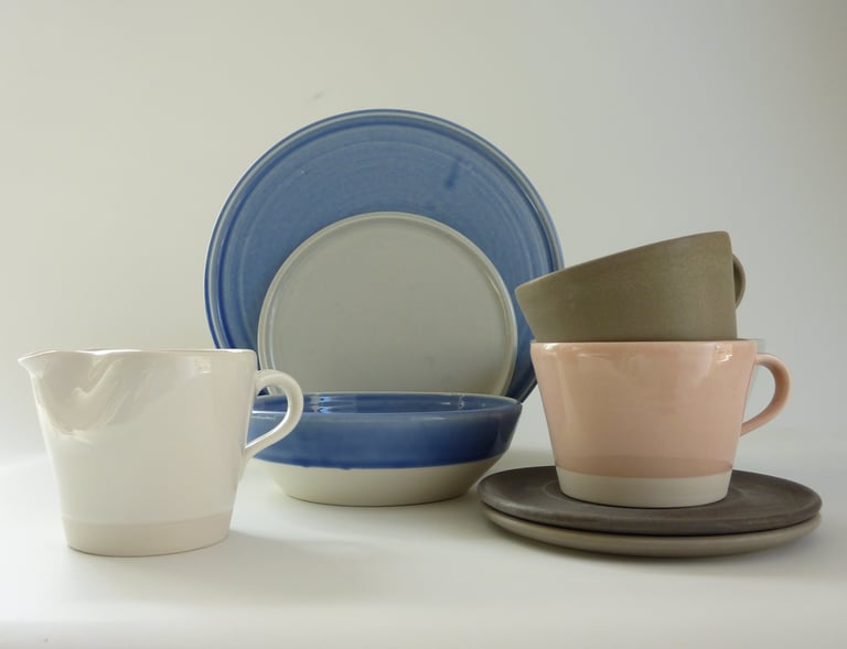 Milk Jug White Gloss Cup/Saucers Pale Pink and Khaki Side Plate Pale Grey Dinner Plate Pale Blue
