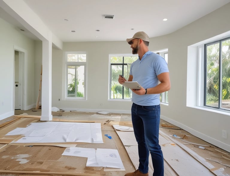 Aerial view of a construction site featuring multiple partially constructed buildings with a combination of flat and sloped roofs. The site is surrounded by a mix of residential houses and green areas. There are construction materials scattered around, and the roads nearby are bordered by trees and small residential properties.