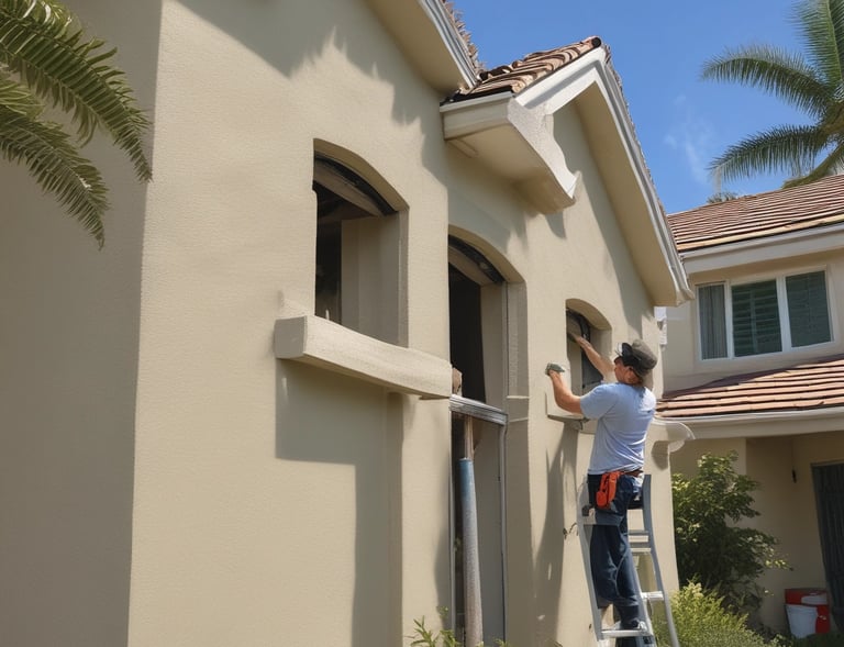 A construction worker is on the roof of a partially built wooden house, handling a piece of plywood. The wooden structure is in the initial stages of development and consists mainly of a framed outer wall without siding or windows. There is a ladder inside the building, visible through an opening.