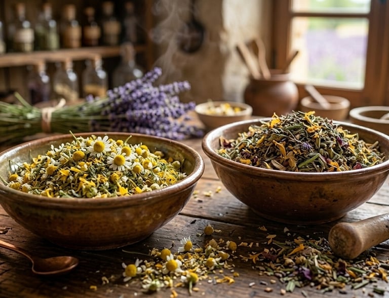 Wooden bowls of dried chamomile and lavender herbs in an apothecary setting with a copper still.