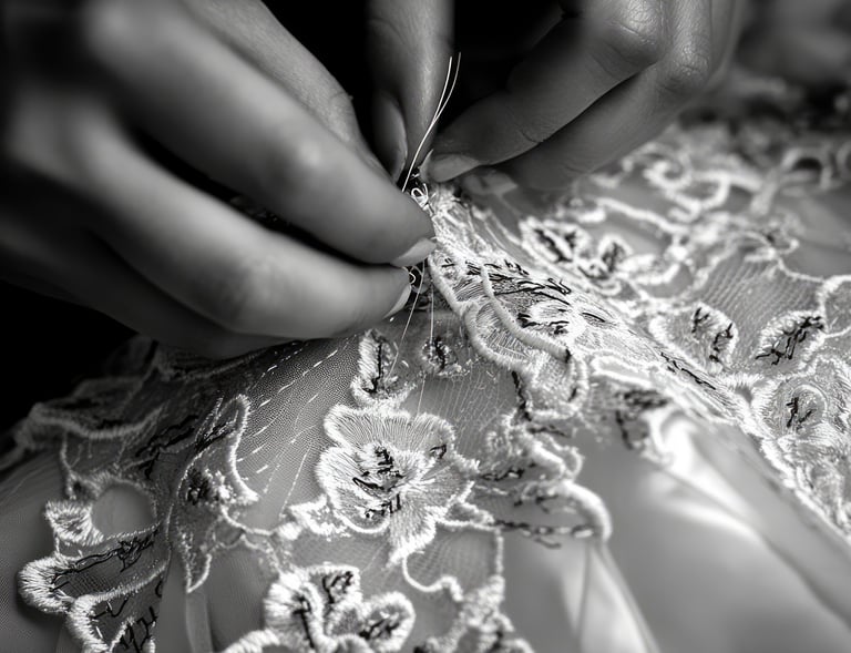 a woman is sewinging a dress with a ring