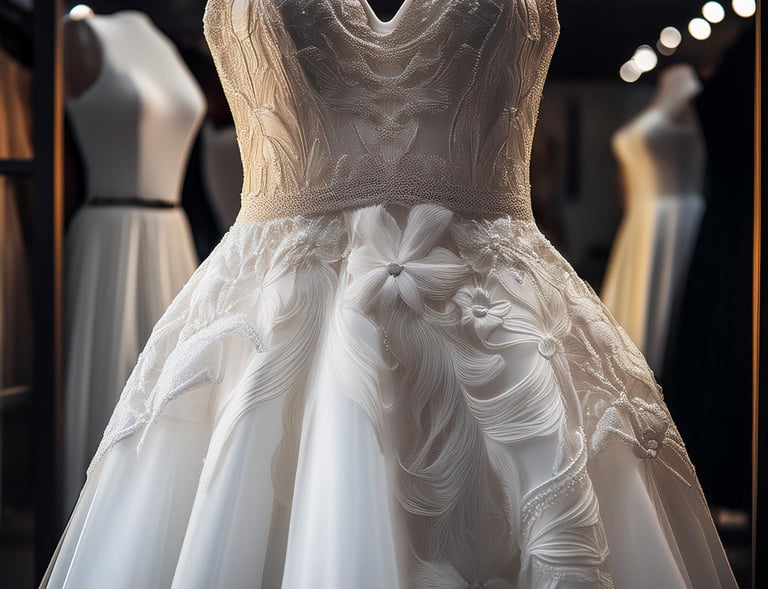 a wedding dress with a white dress on display