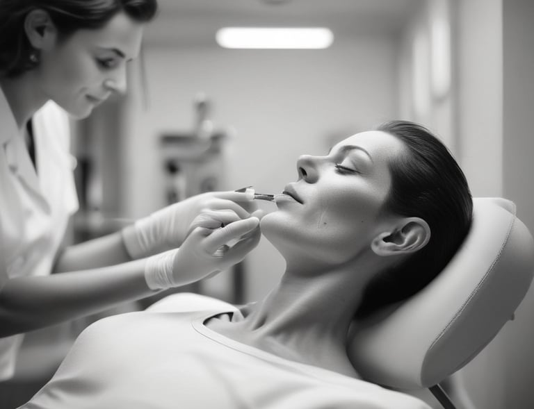 A smiling client receiving an injectable treatment in a comfortable clinic setting.