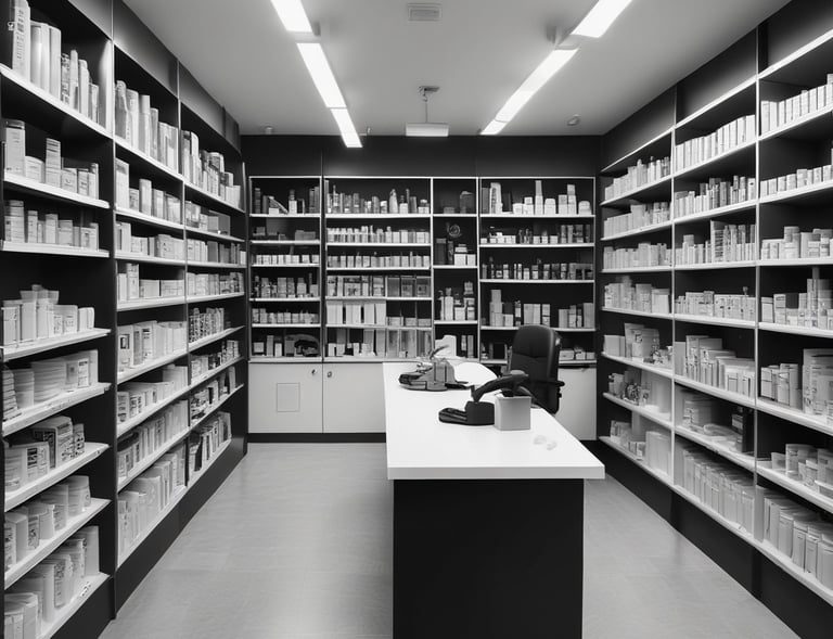 A serene pharmacy interior with modern decor and bright lighting.