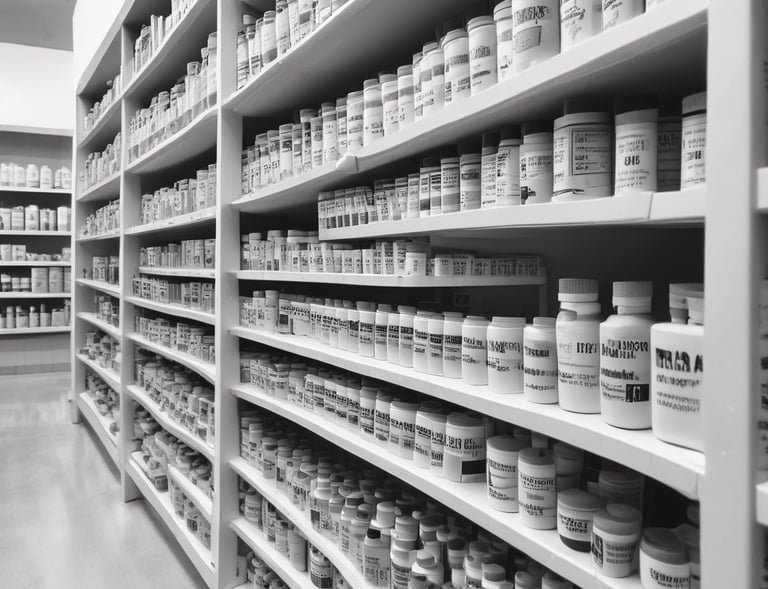 An array of aesthetic products neatly displayed on a pharmacy shelf.