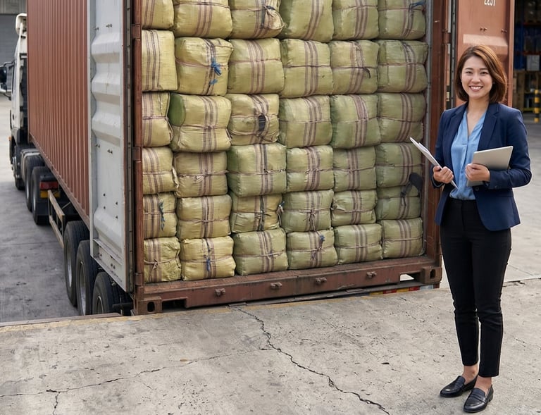 international export buyer standing behind a container of dried Gracilaria seaweed, Indonesia
